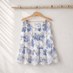 LOFT Floral Eyelet Lace Tiered Mini Skirt Blue White Smocked Waist Size S